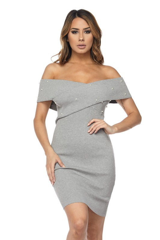 Heather Grey Pearl Embellished Knit Dress